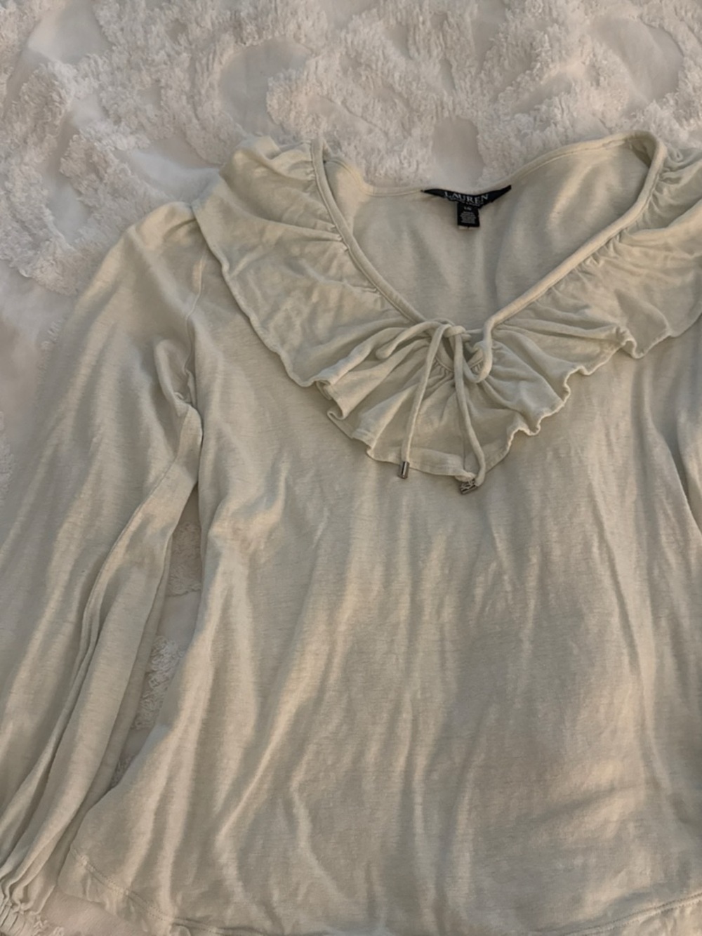 Ralph Lauren Cream Ruffle-Trim Long Sleeve Tie-Neck Top